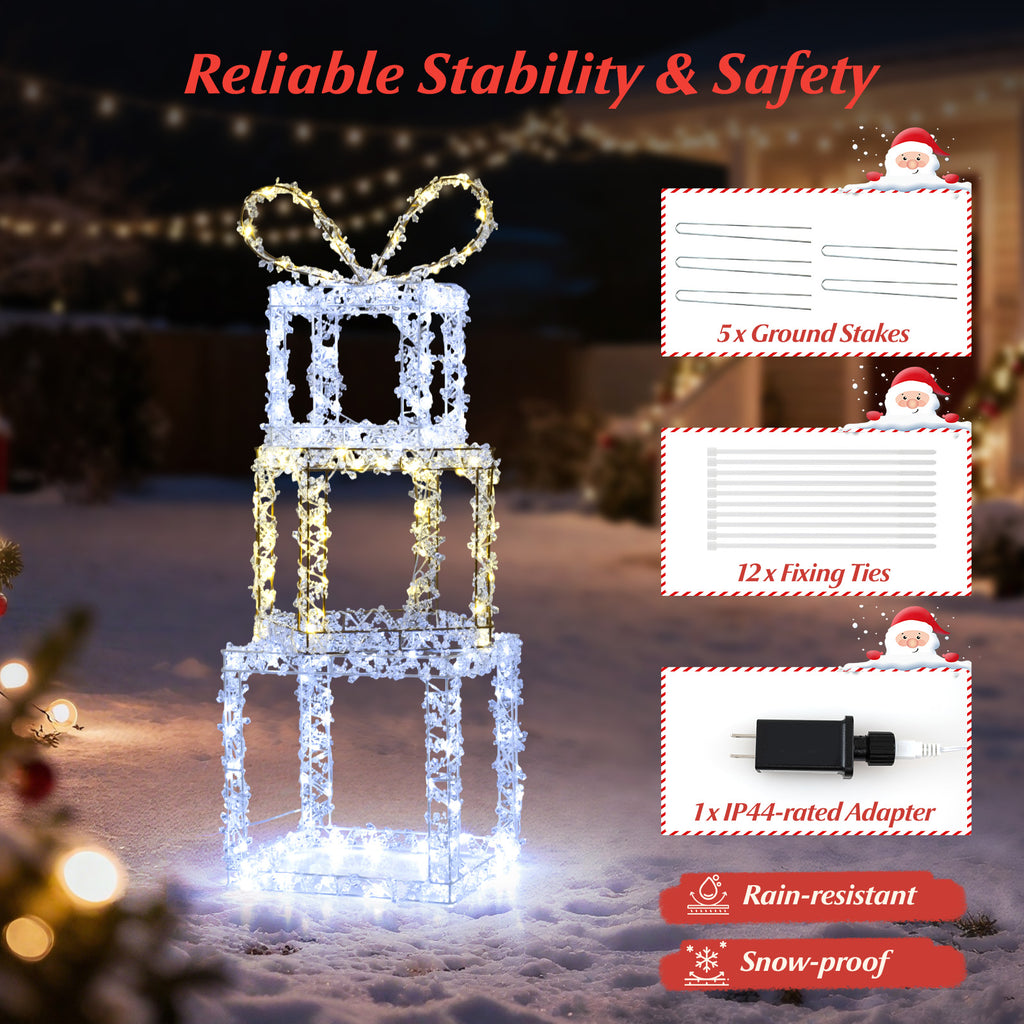 Set of 3 Lighted Gift Boxes - Pre-Lit Christmas Present Box Lights, Outdoor Snowproof Decor