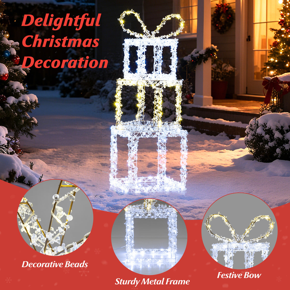 Set of 3 Lighted Gift Boxes - Pre-Lit Christmas Present Box Lights, Outdoor Snowproof Decor