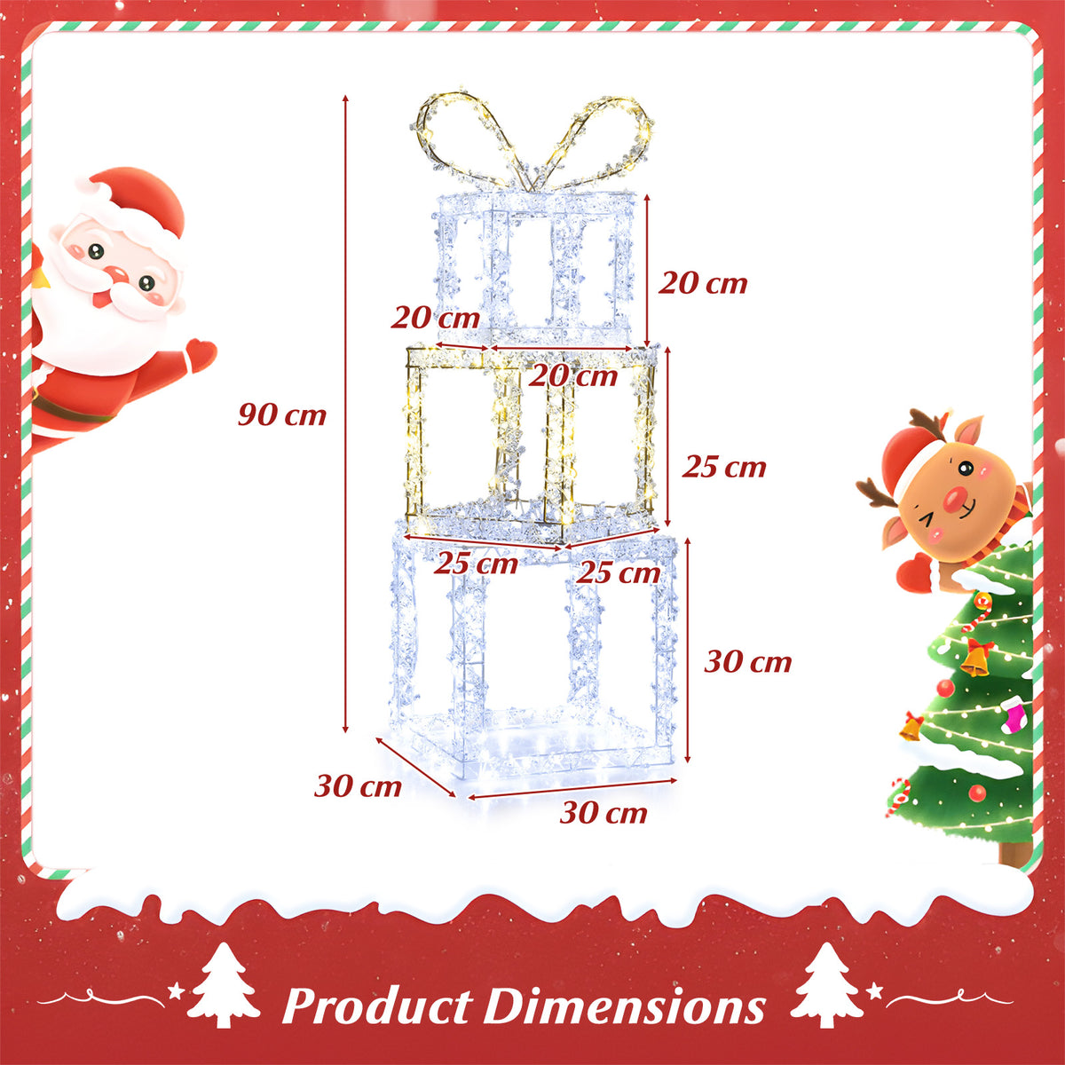 Set of 3 Lighted Gift Boxes - Pre-Lit Christmas Present Box Lights, Outdoor Snowproof Decor