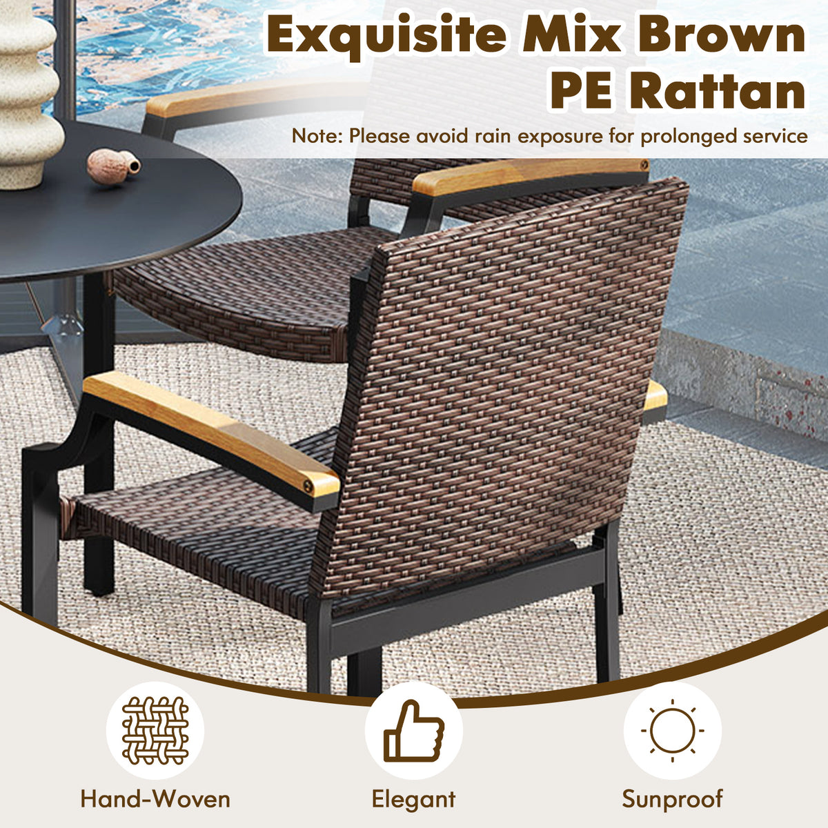 Stacking Wicker Chairs Set of 2 Patio Rattan Dining with Acacia Wood