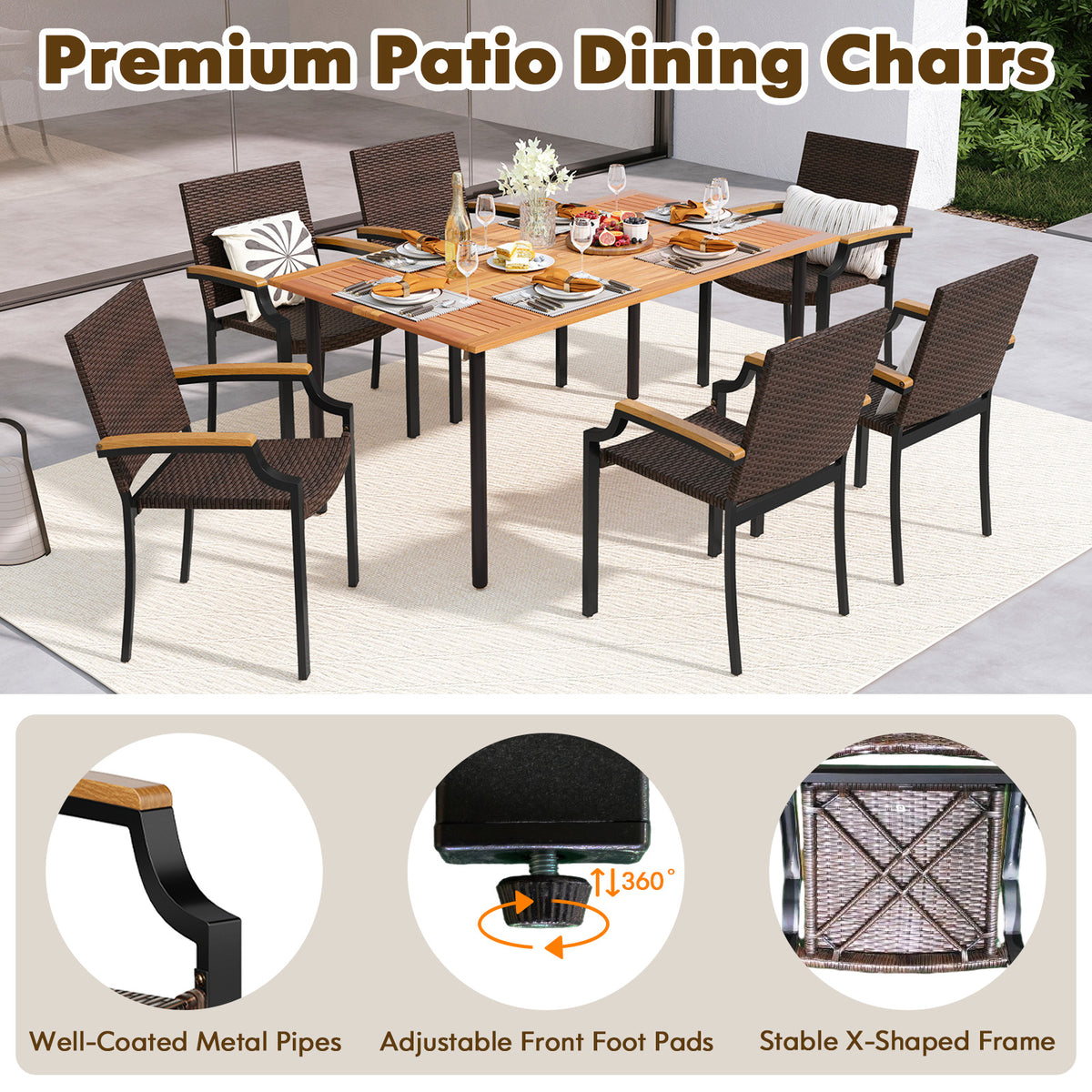 Stacking Wicker Chairs Set of 2 Patio Rattan Dining with Acacia Wood