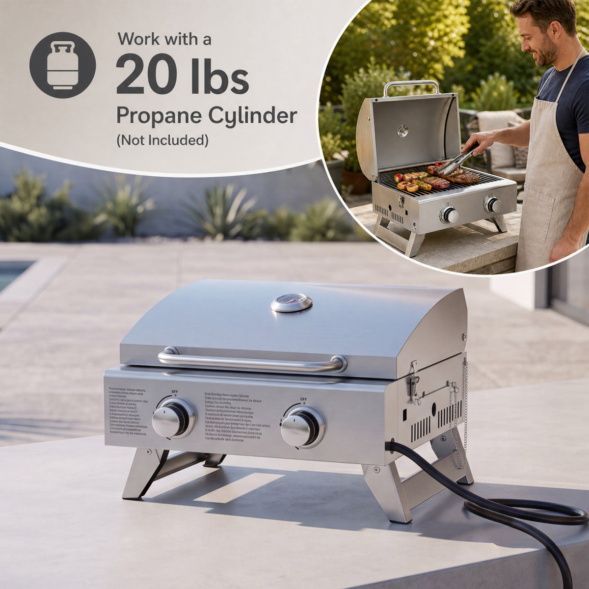 Stainless Steel Propane Grill with Lid - Silver