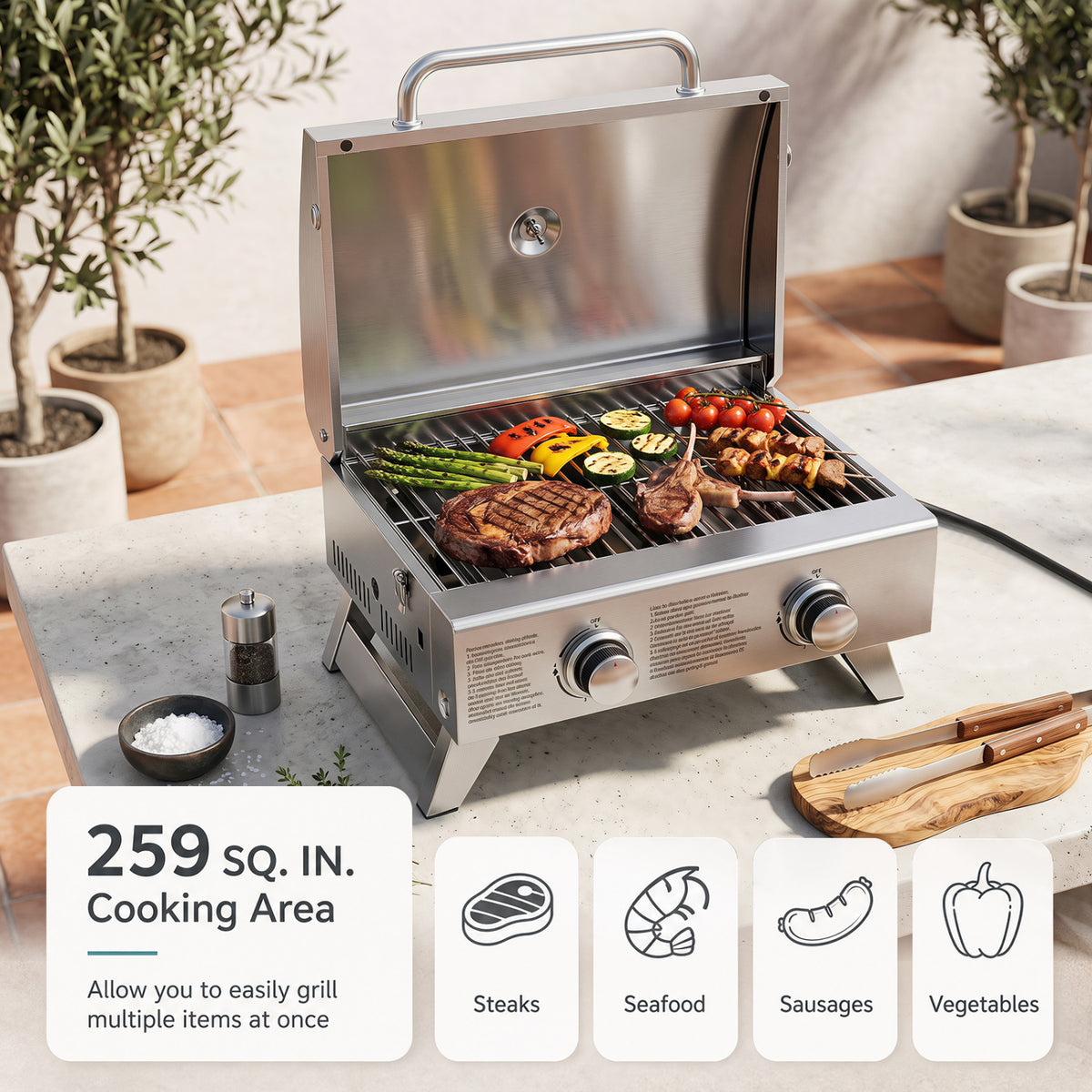 Stainless Steel Propane Grill with Lid - Silver