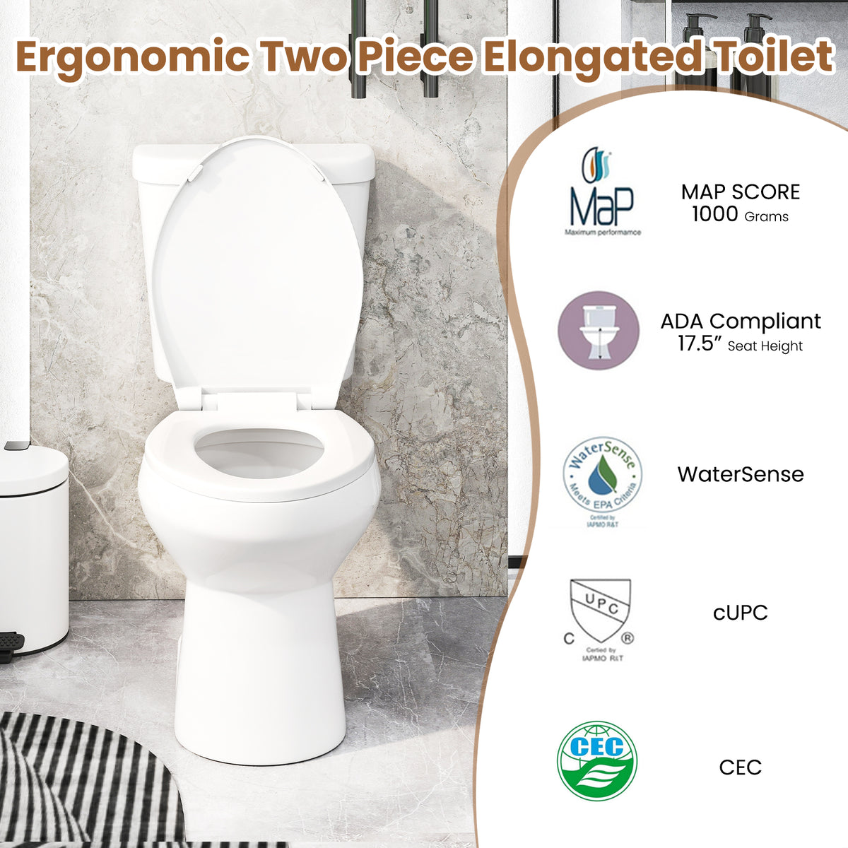 Standard Toilet with 17.5 Inch ADA Comfort Chair Height Seat