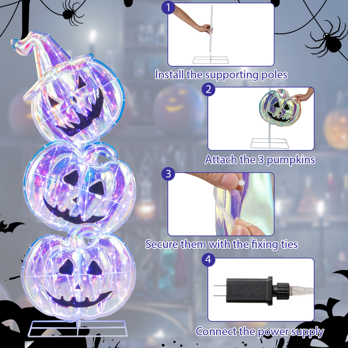 150 LED Lighted Halloween Pumpkin Decoration with Base - 3 Pumpkins Variation