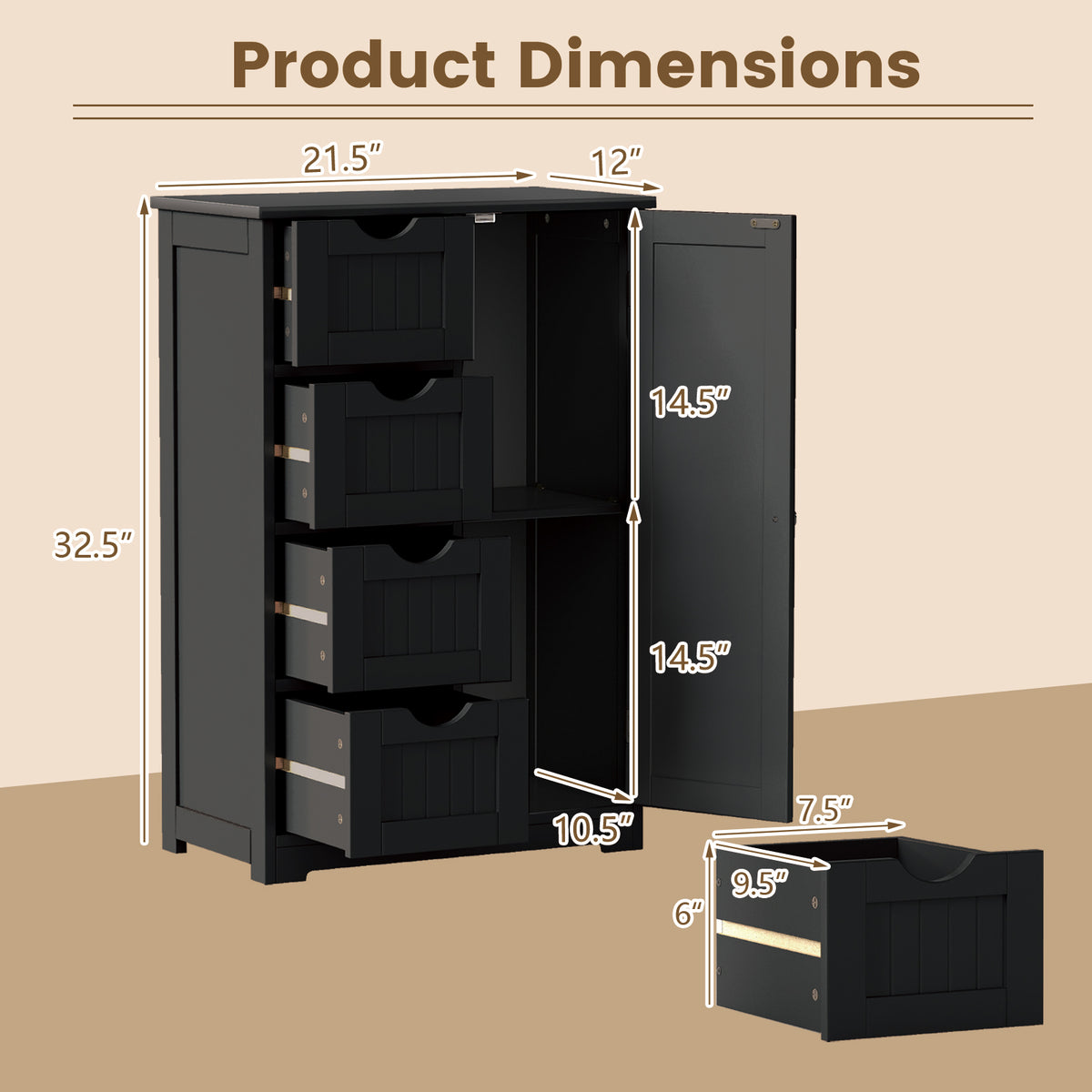 Free-Standing Wooden Cabinet with 4 Drawers and Door