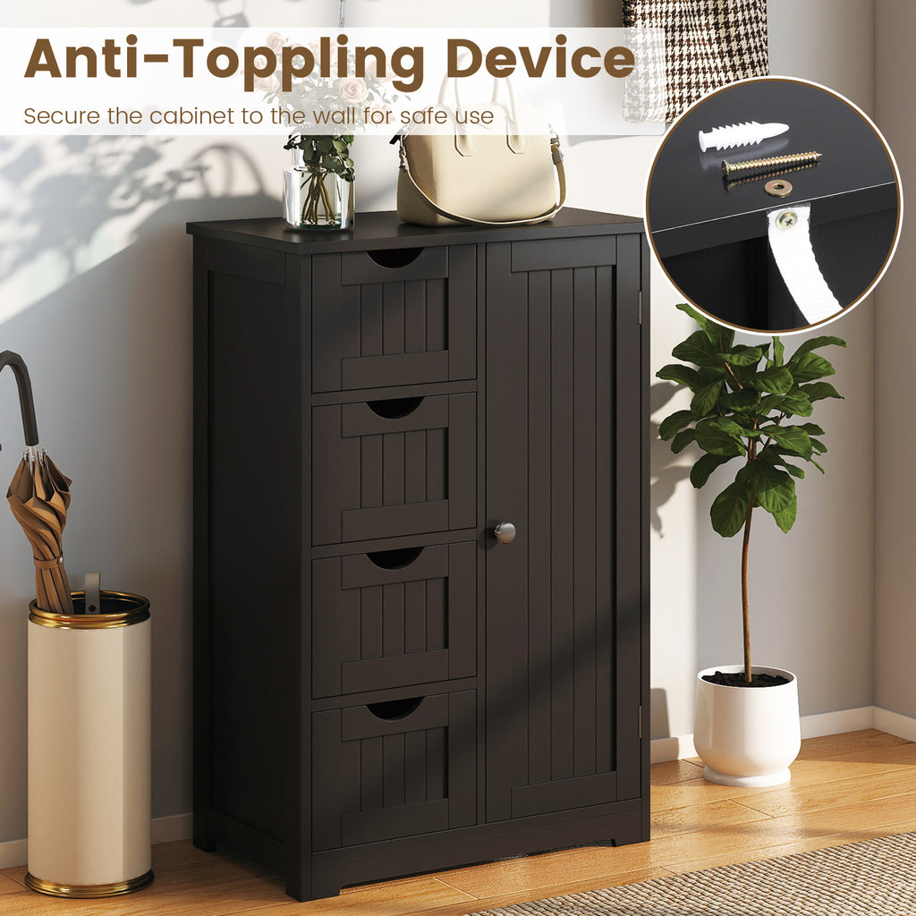 Free-Standing Wooden Cabinet with 4 Drawers and Door