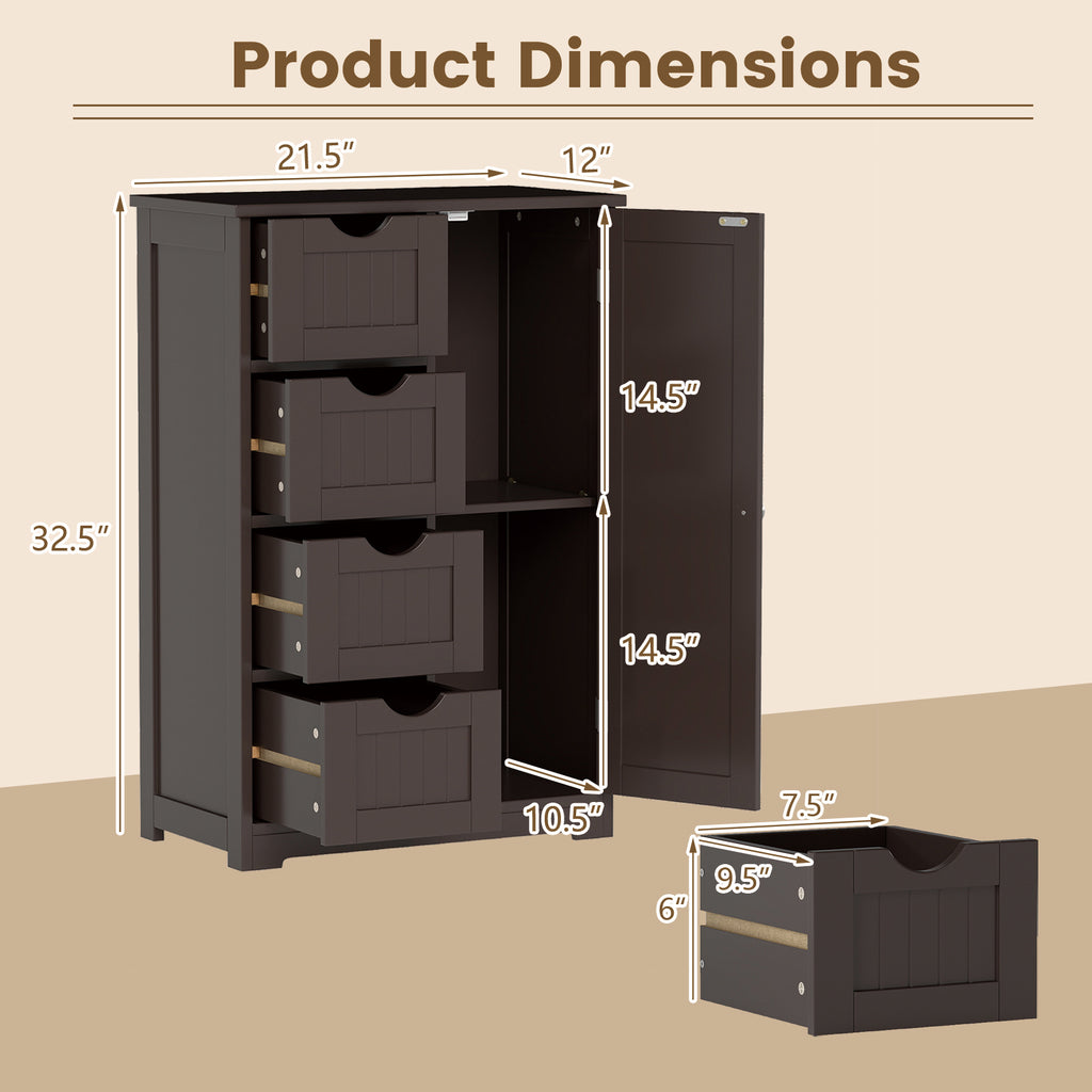 Wooden 4-Drawer Cabinet with Door Storage, Brown