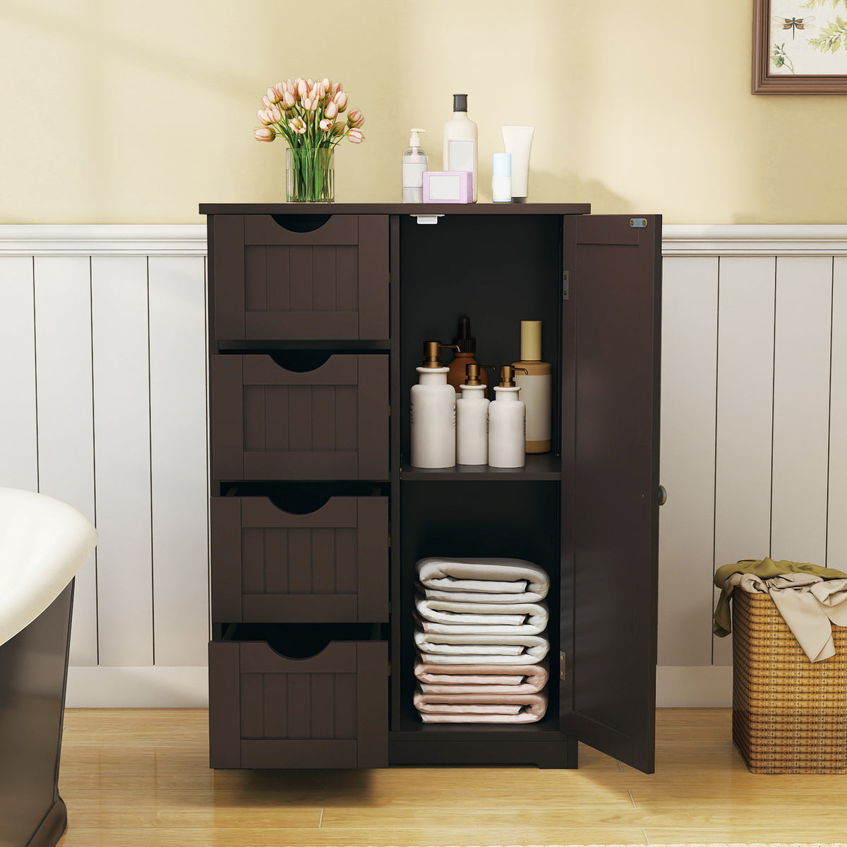 Wooden 4-Drawer Cabinet with Door Storage, Brown
