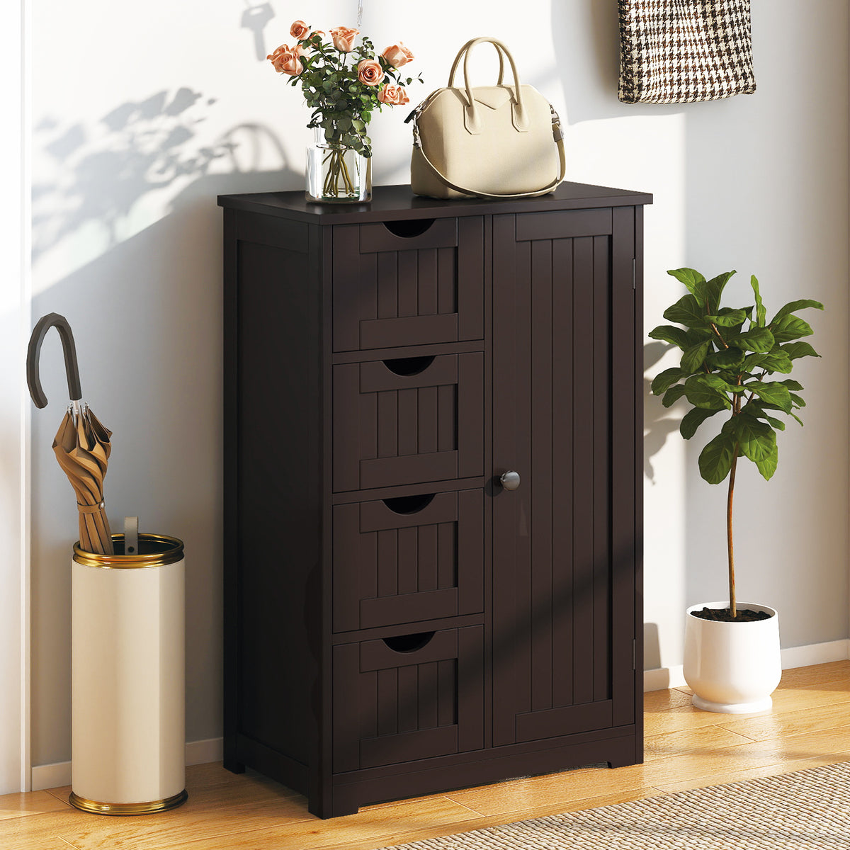 Wooden 4-Drawer Cabinet with Door Storage, Brown