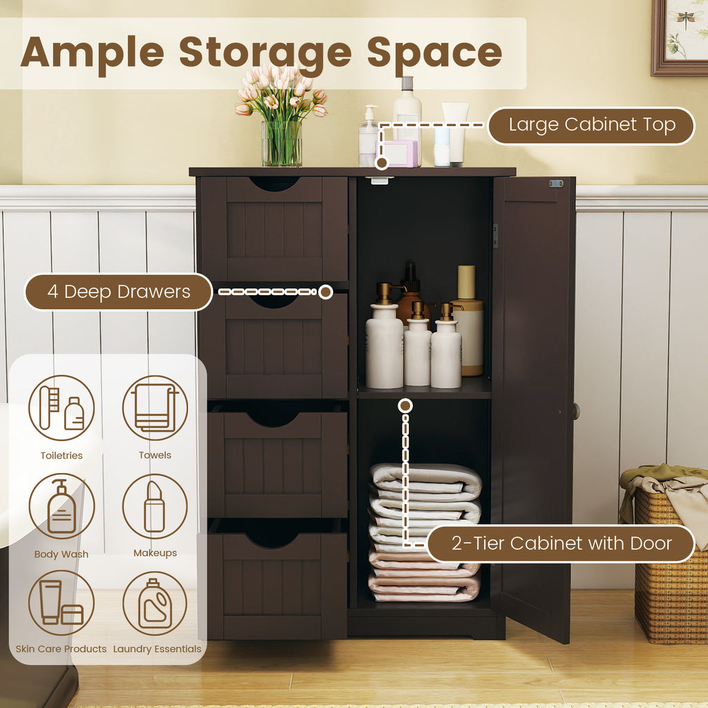 Wooden 4-Drawer Cabinet with Door Storage, Brown