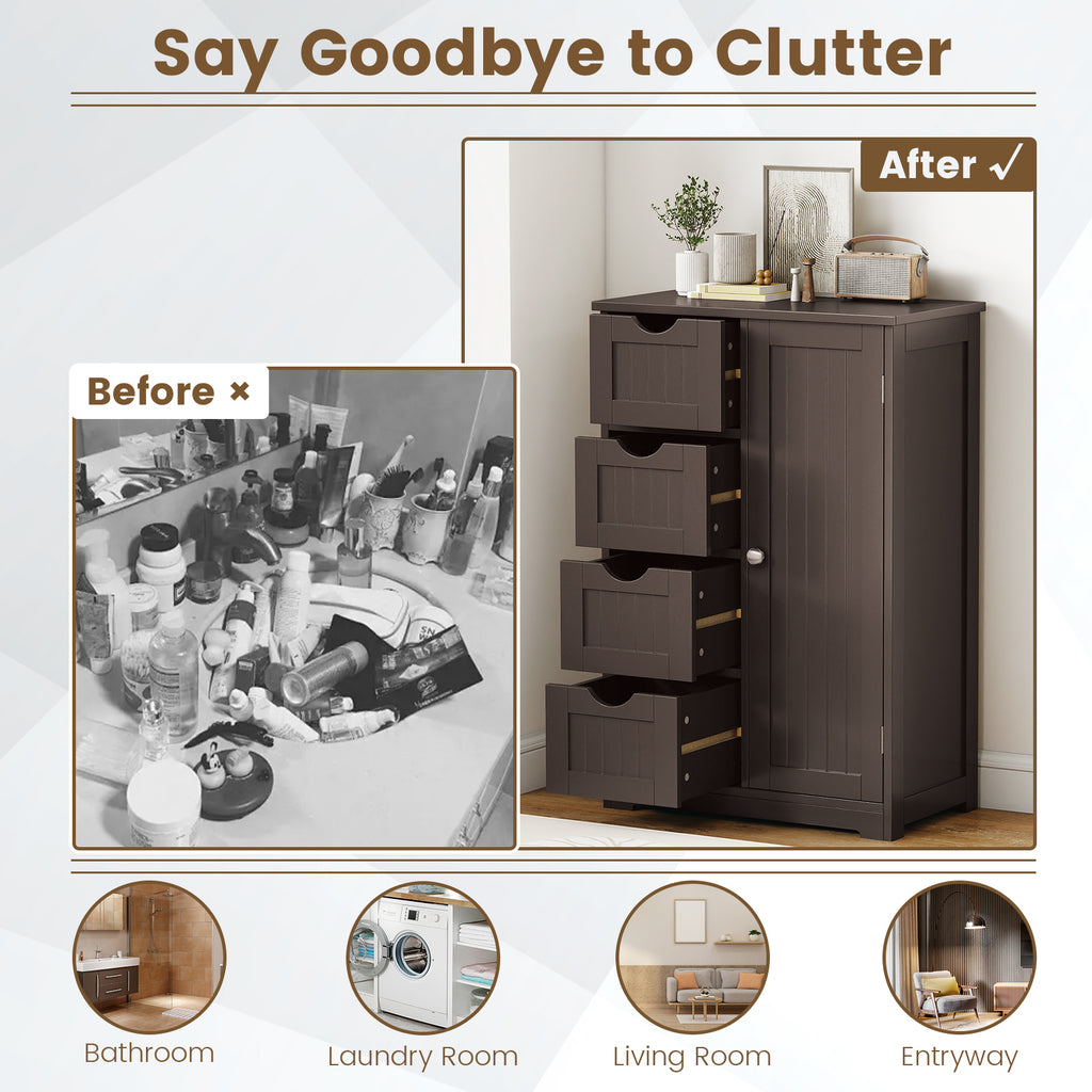 Wooden 4-Drawer Cabinet with Door Storage, Brown
