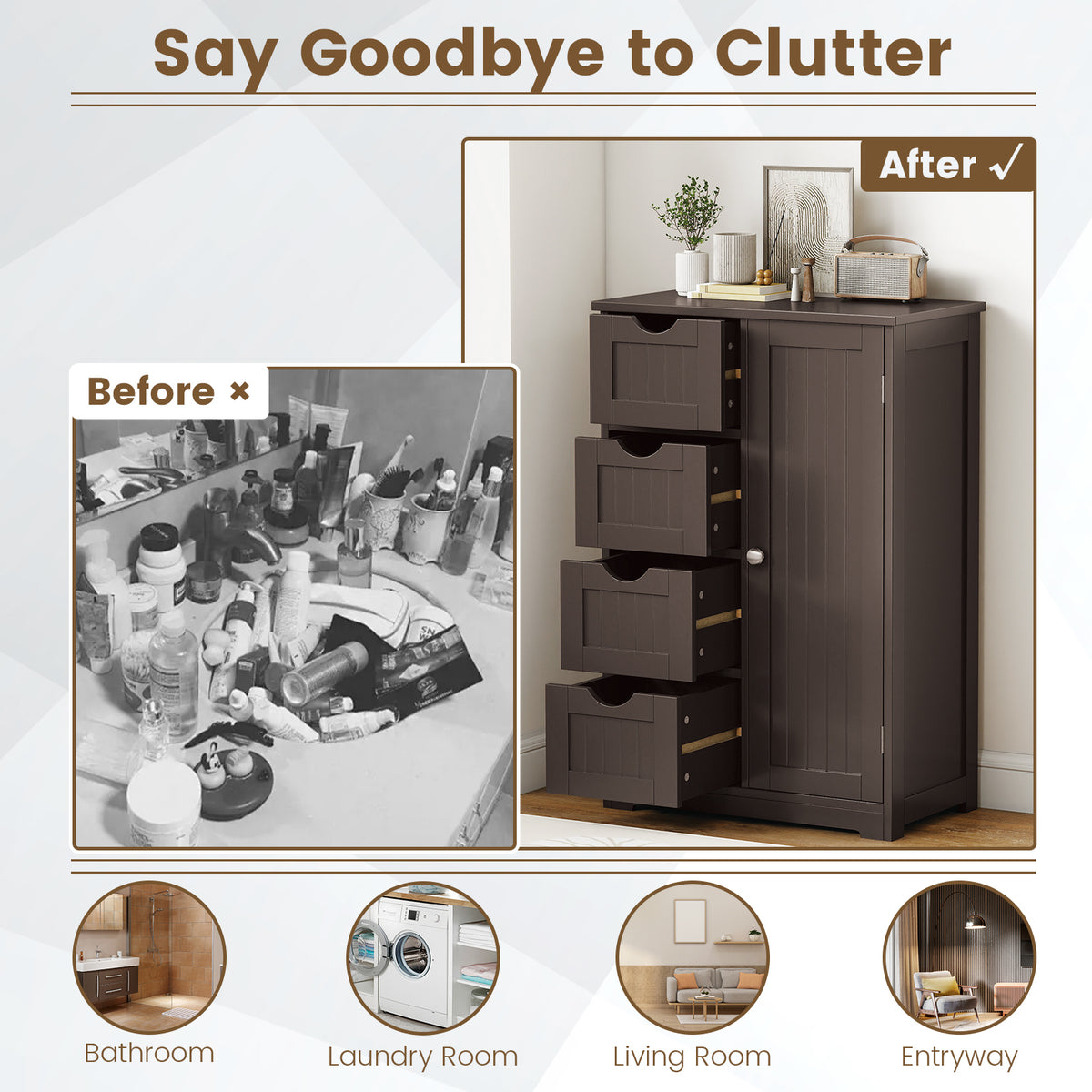 Wooden 4-Drawer Cabinet with Door Storage, Brown