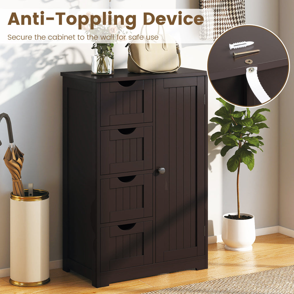 Wooden 4-Drawer Cabinet with Door Storage, Brown