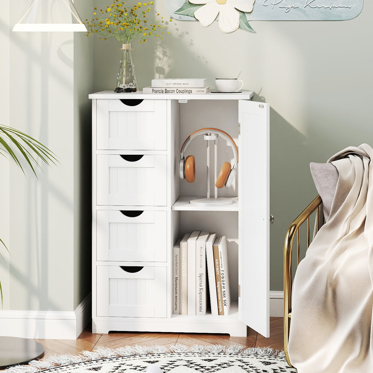 Free-Standing Wooden Cabinet with 4 Drawers and Door