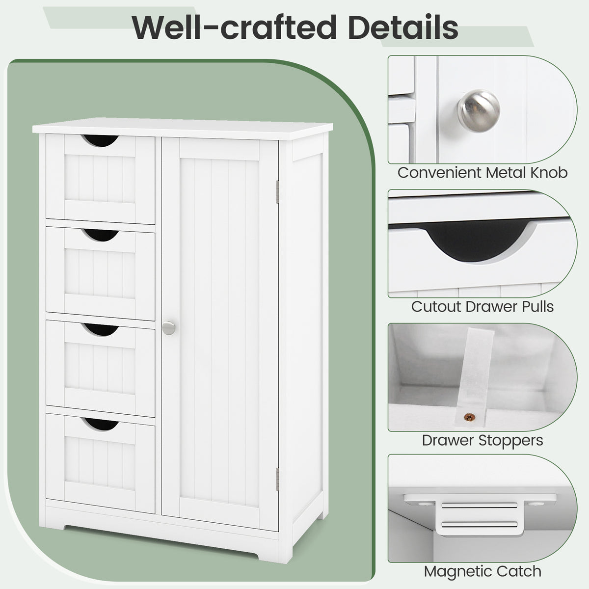 Free-Standing Wooden Cabinet with 4 Drawers and Door