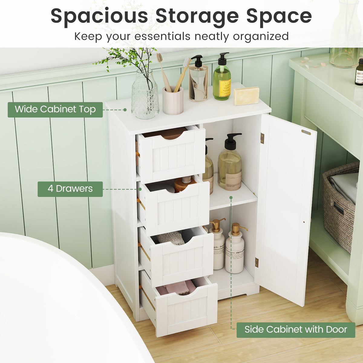 Free-Standing Wooden Cabinet with 4 Drawers and Door