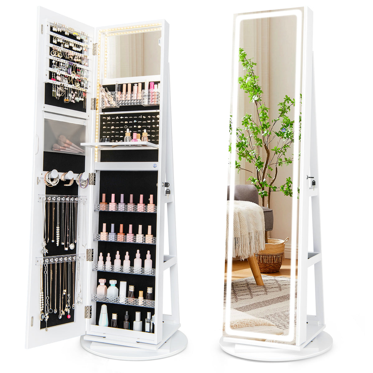 Standing Jewelry Cabinet with LED Mirror - White