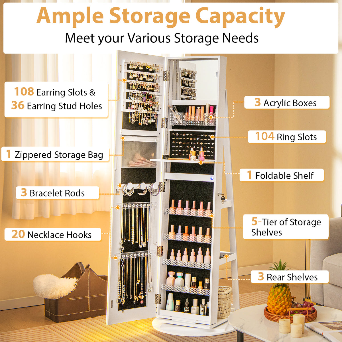 Standing Jewelry Cabinet with LED Mirror - White