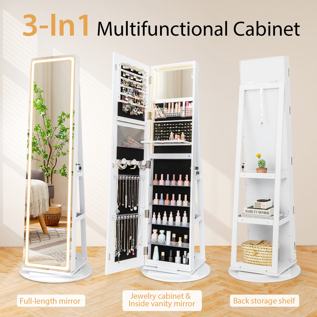 Standing Jewelry Cabinet with LED Mirror - White