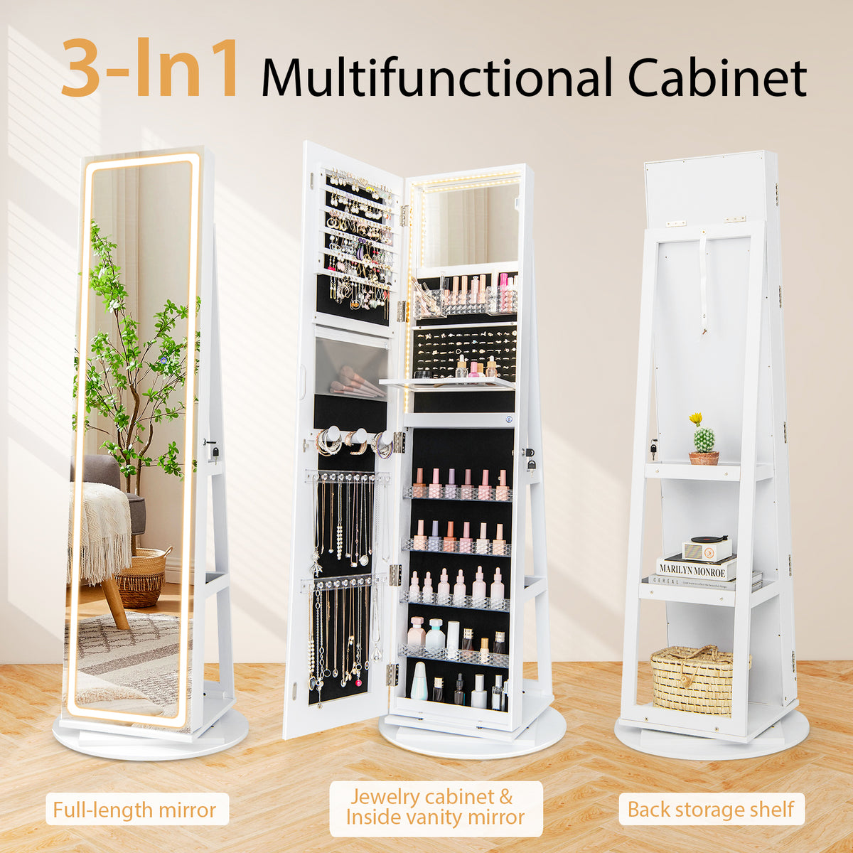 Standing Jewelry Cabinet with LED Mirror - White