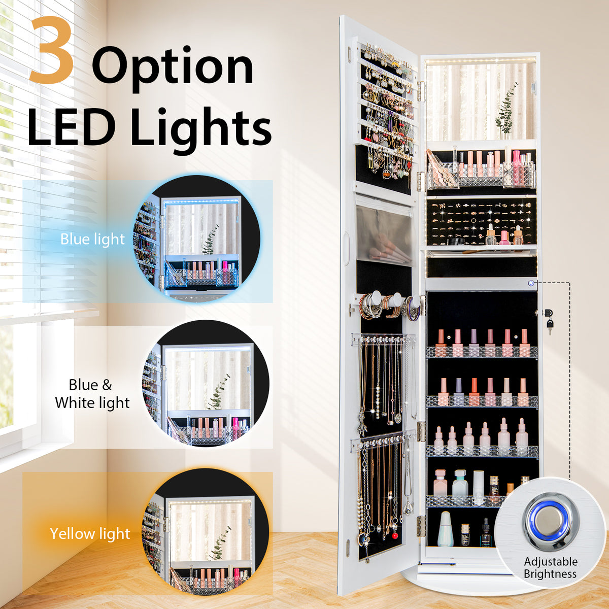 Standing Jewelry Cabinet with LED Mirror - White