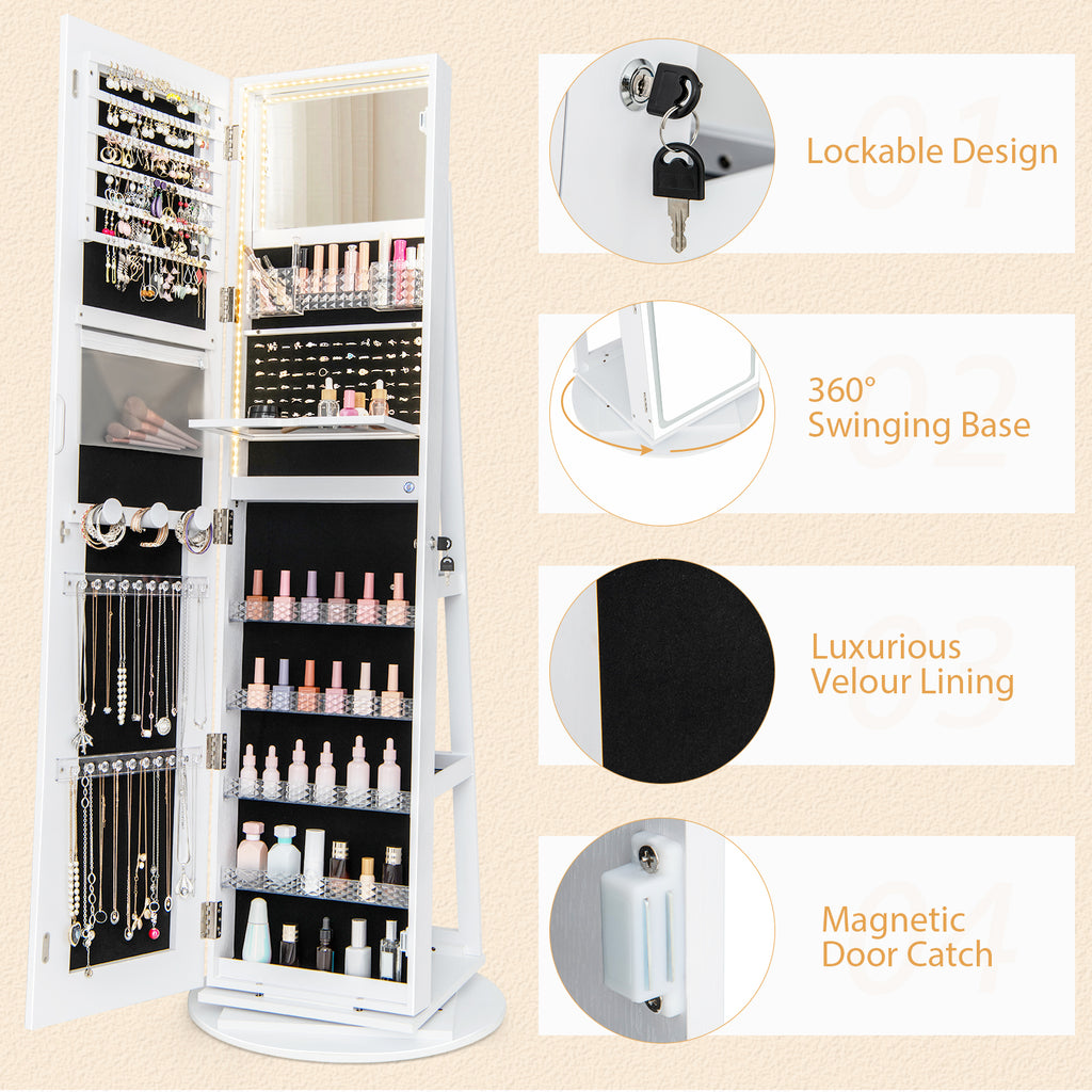 Standing Jewelry Cabinet with LED Mirror - White