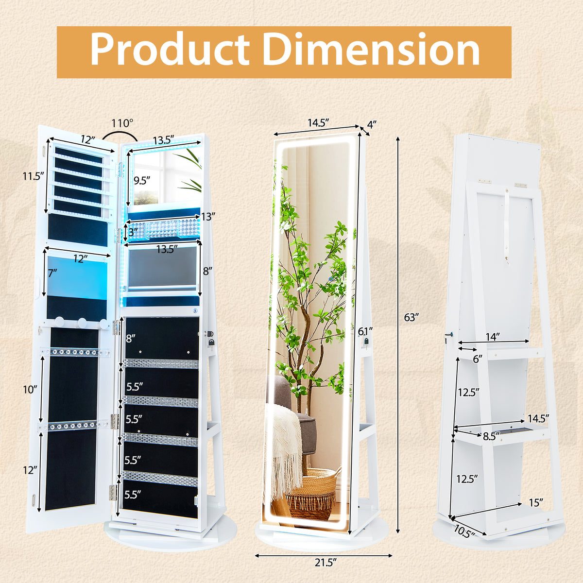 Standing Jewelry Cabinet with LED Mirror - White