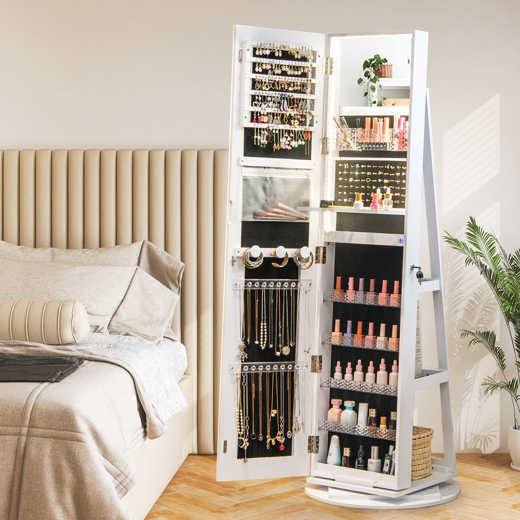 Standing Jewelry Cabinet with LED Mirror - White