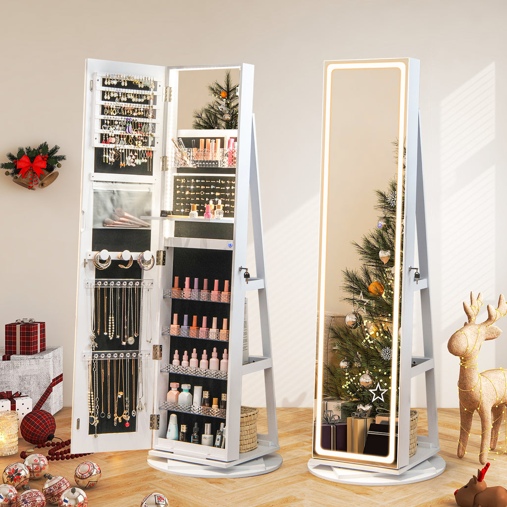 Standing Jewelry Armoire with LED Mirror - White
