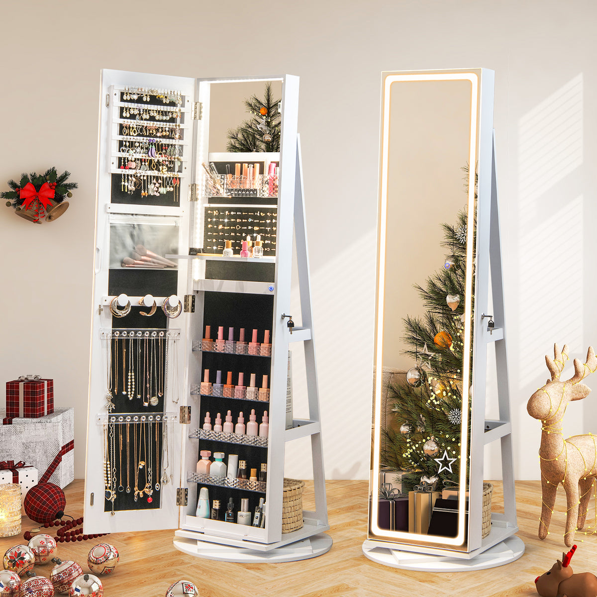 Standing Jewelry Armoire with LED Mirror - White