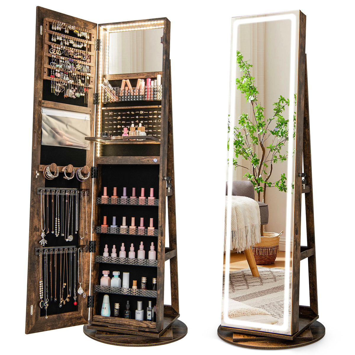 Standing Jewelry Armoire with LED Mirror - Coffee