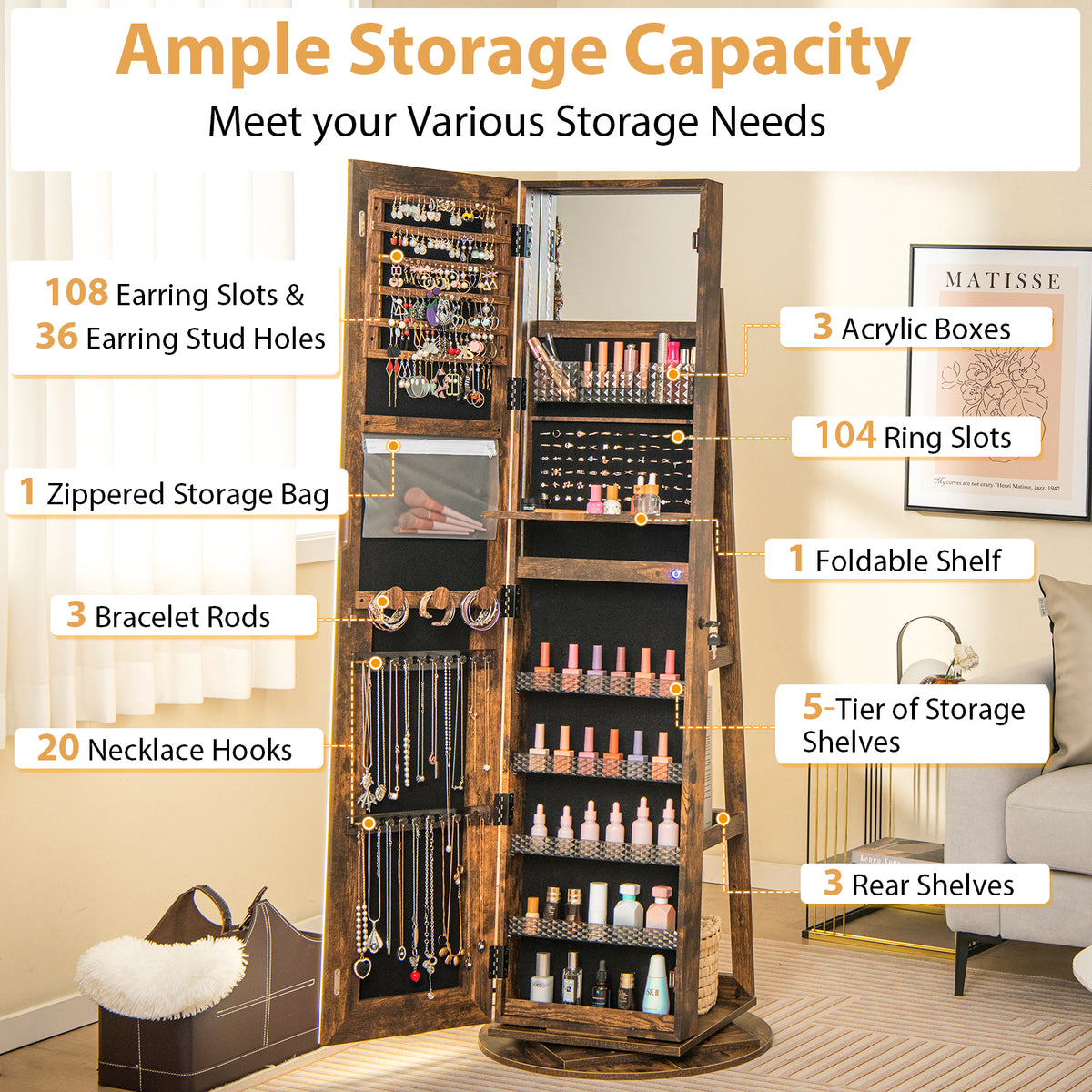 Standing Jewelry Armoire with LED Mirror - Coffee