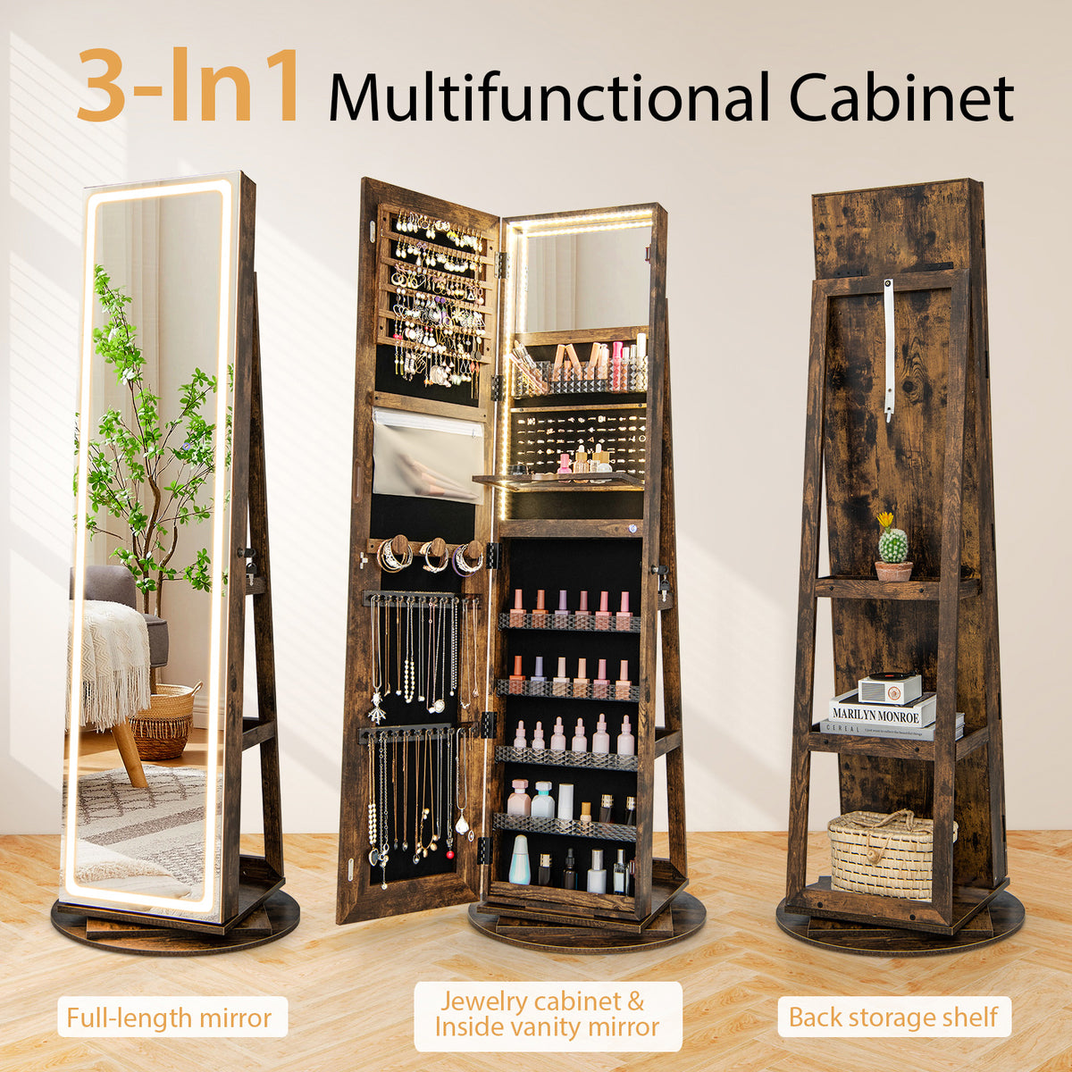 Standing Jewelry Armoire with LED Mirror - Coffee