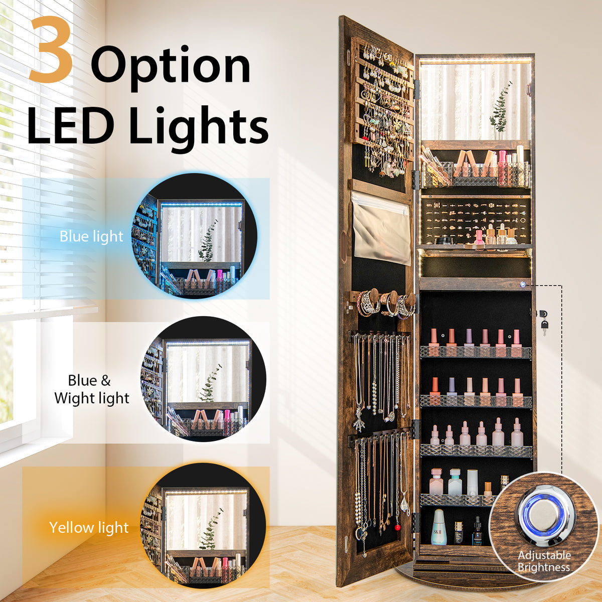 Standing Jewelry Armoire with LED Mirror - Coffee