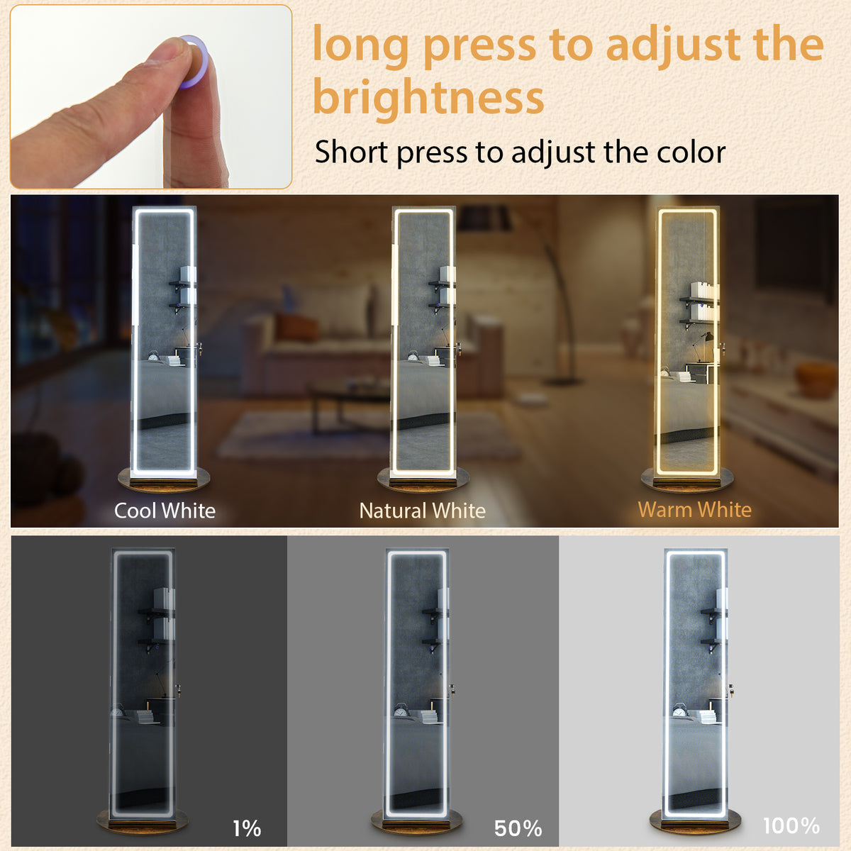 Standing Jewelry Armoire with LED Mirror - Coffee