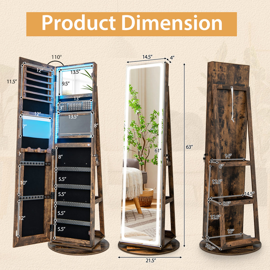 Standing Jewelry Armoire with LED Mirror - Coffee