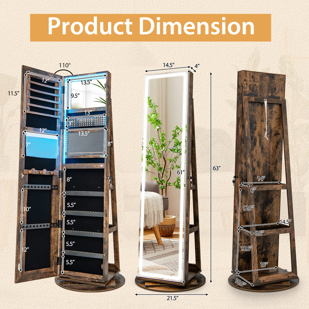 Standing Jewelry Armoire with LED Mirror - Coffee