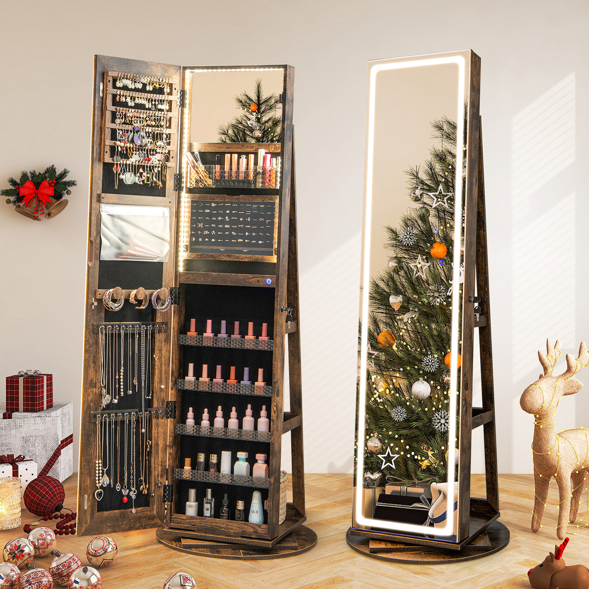 Standing Jewelry Armoire with LED Mirror - Coffee