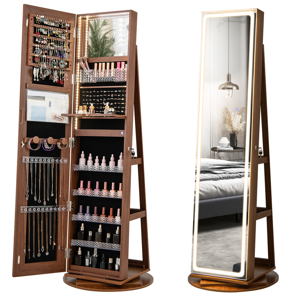 Standing Jewelry Cabinet with LED Mirror & Adjustable Lights, Brown