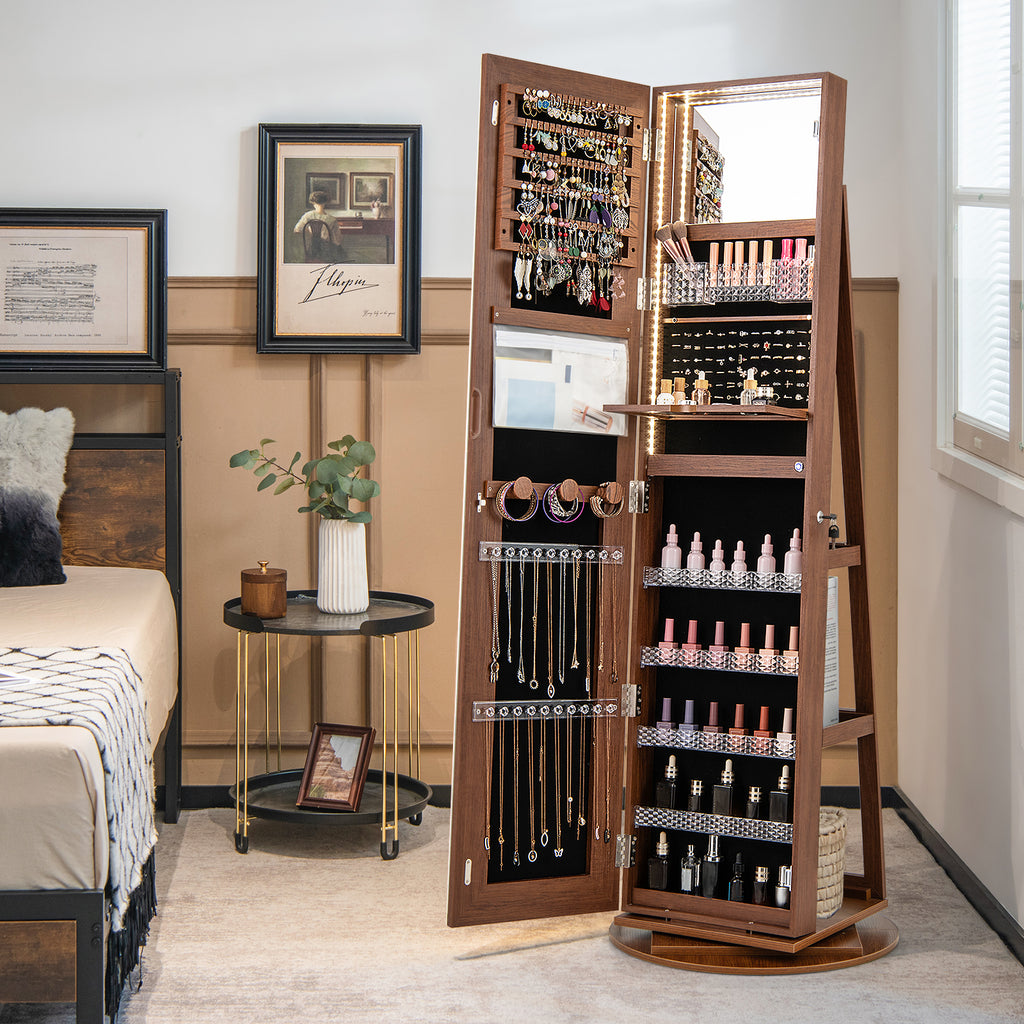 Standing Jewelry Cabinet with LED Mirror & Adjustable Lights, Brown