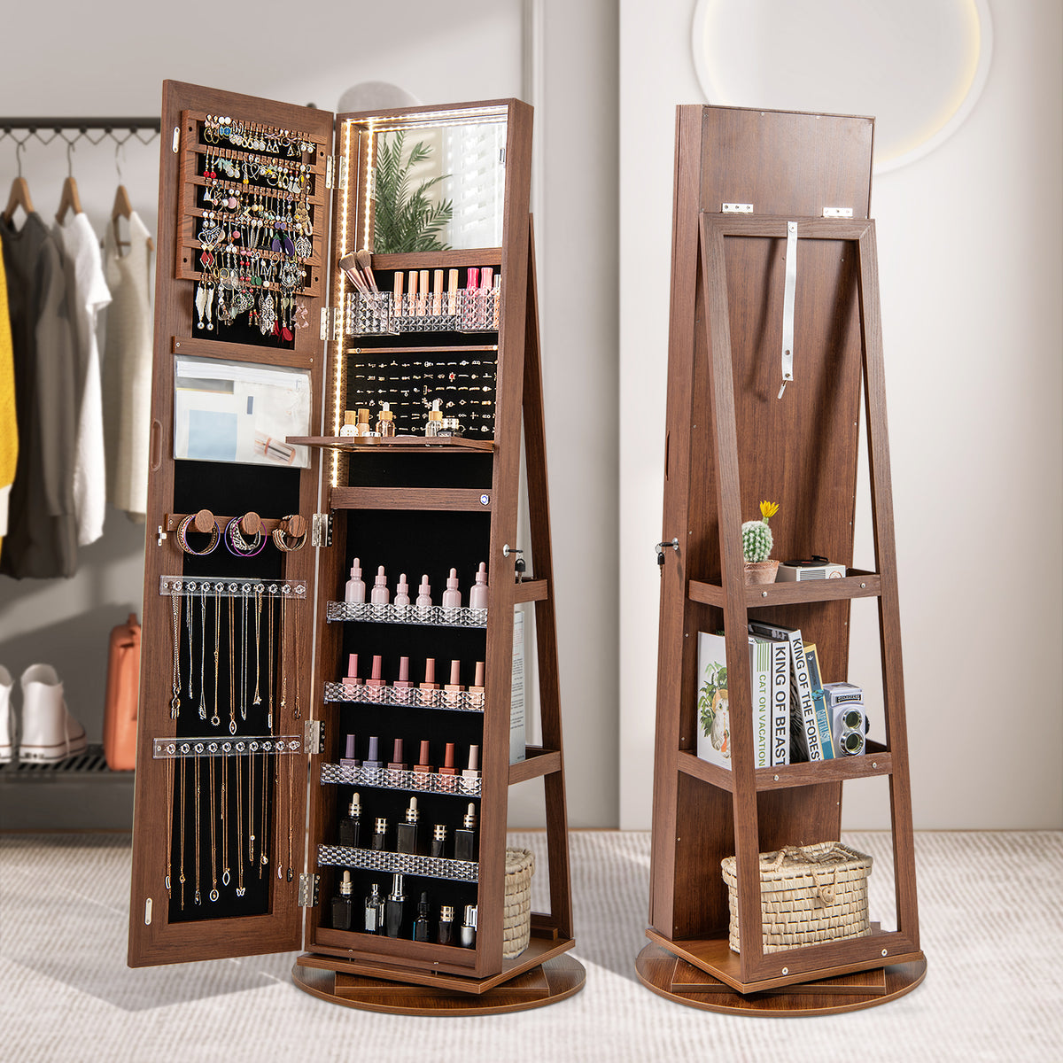 Standing Jewelry Cabinet with LED Mirror & Adjustable Lights, Brown