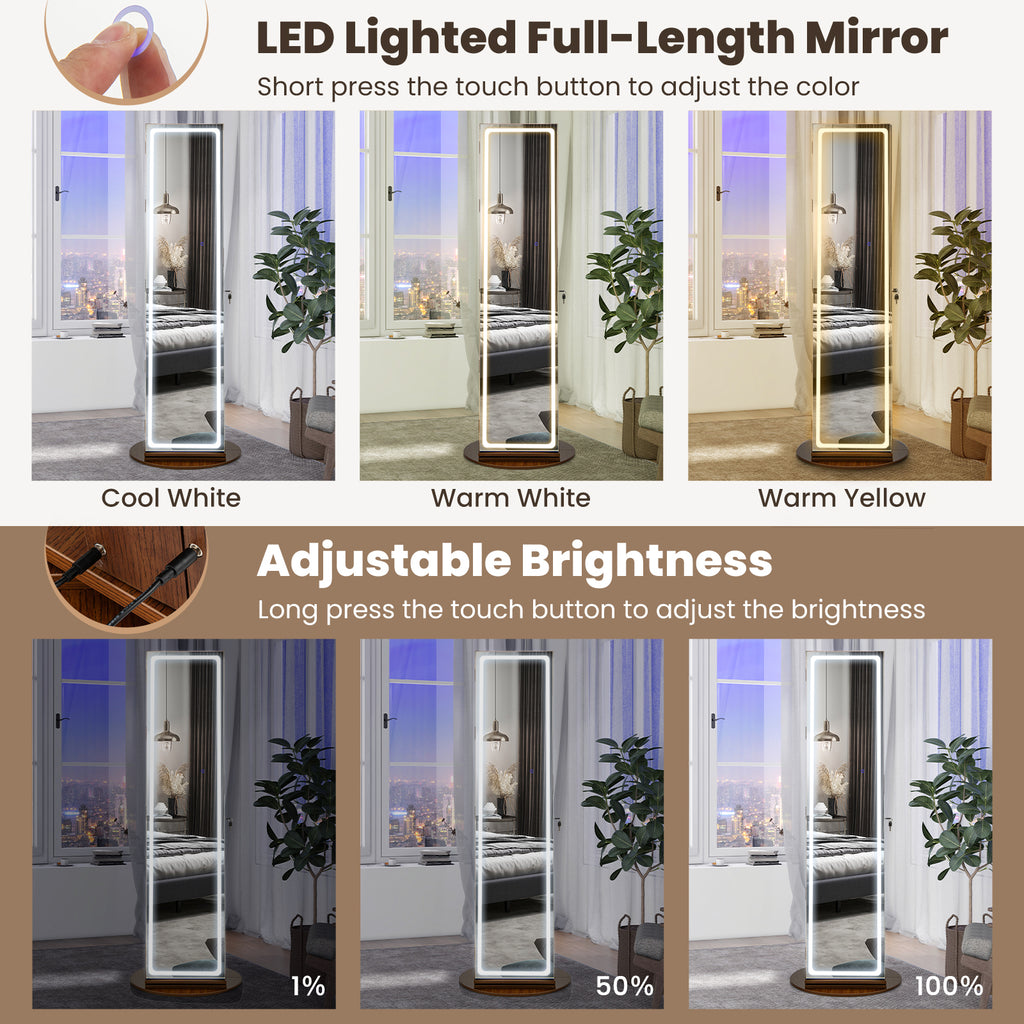 Standing Jewelry Cabinet with LED Mirror & Adjustable Lights, Brown