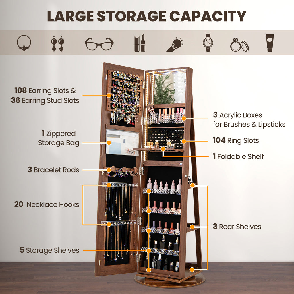 Standing Jewelry Cabinet with LED Mirror & Adjustable Lights, Brown