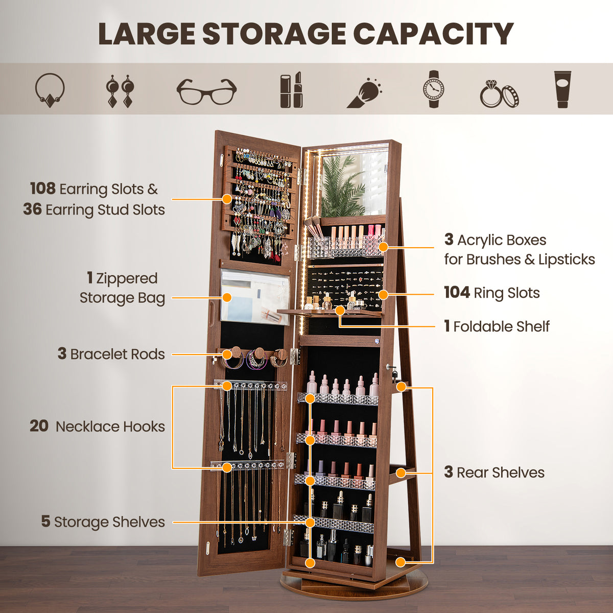 Standing Jewelry Cabinet with LED Mirror & Adjustable Lights, Brown