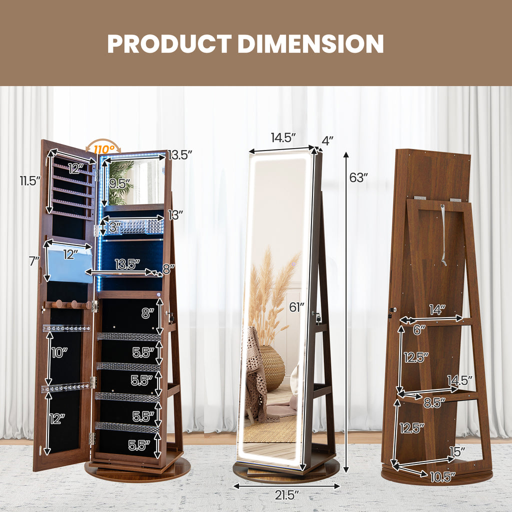 Standing Jewelry Cabinet with LED Mirror & Adjustable Lights, Brown