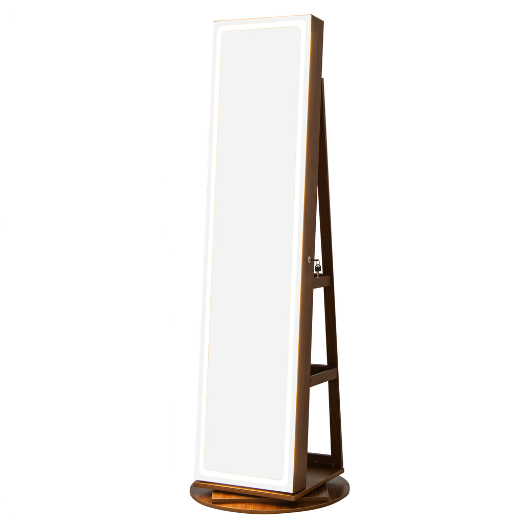 Standing Jewelry Cabinet with LED Mirror & Adjustable Lights, Brown