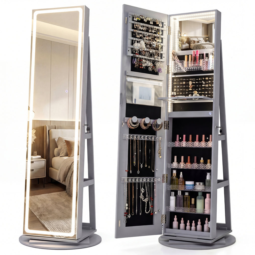 Standing Jewelry Cabinet with LED Mirror and Lock - Gray