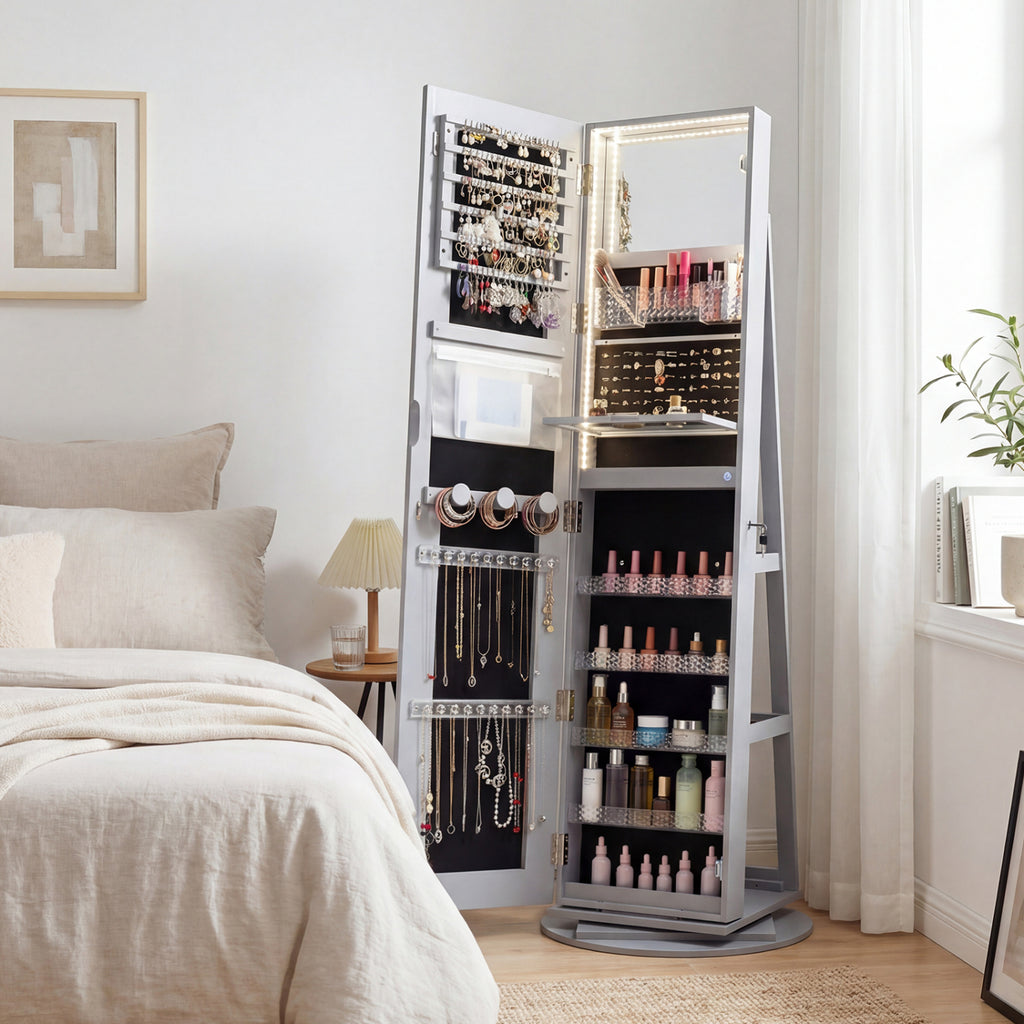 Standing Jewelry Cabinet with LED Mirror and Lock - Gray