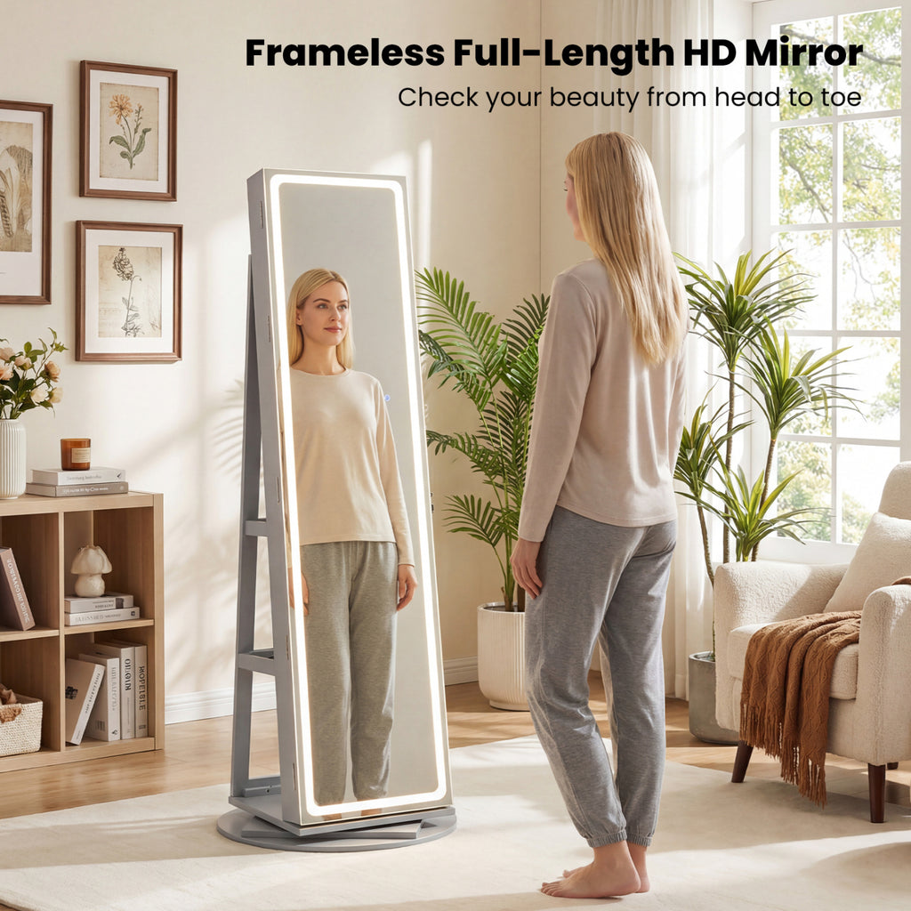 Standing Jewelry Cabinet with LED Mirror and Lock - Gray